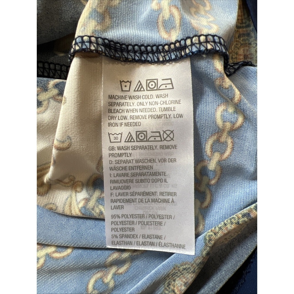Susan Graver Size 1X Chain Print Liquid Knit Mock Neck Top Blue Gold Baroque - Picture 4 of 5